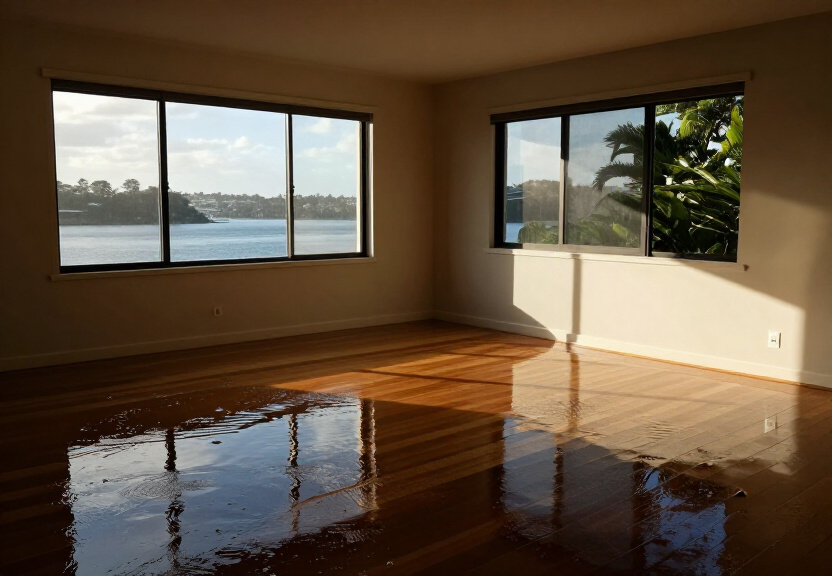 Flooded garage in Wahroonga with standing water and damaged belongings
